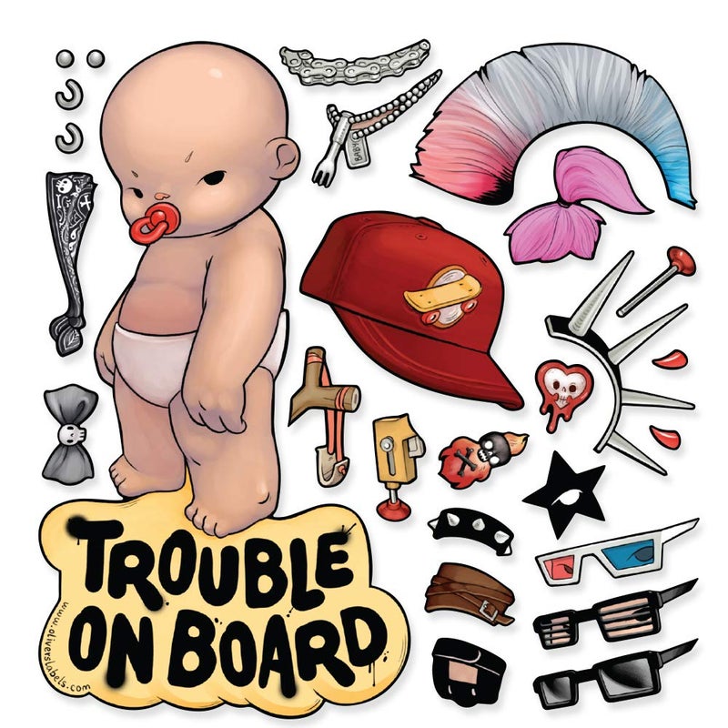 Olivers Lables Baby on Board Sticker for Car  Boy Trouble on Board  Funny Cute Vinyl Window Decal  Heat Resistant Long Lasting Waterproof